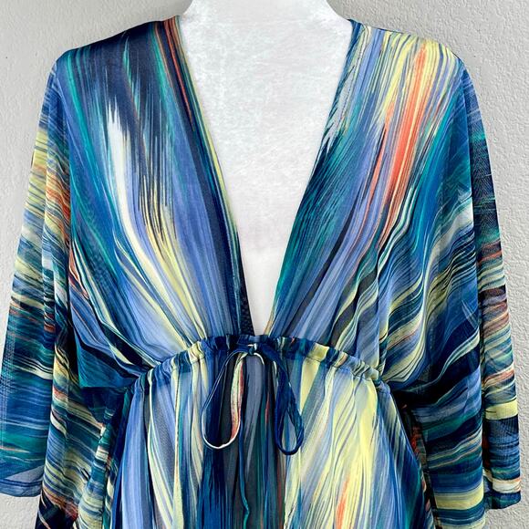 Blue Multicolor Sheer Mesh Cinched Waist V-Neck Oversize Cover-Up Plus 1X/2X NWT - Picture 5 of 15